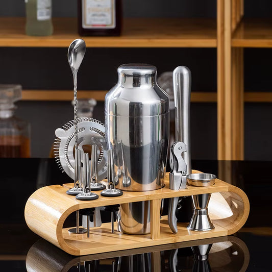 Stainless Steel Cocktail Shaker Set Bartender Tools Set with Bamboo Rack